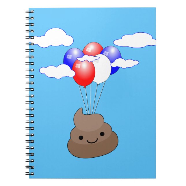 Caderno Espiral Poo Emoji Voando Com Balões No Céu Azul (Frente)