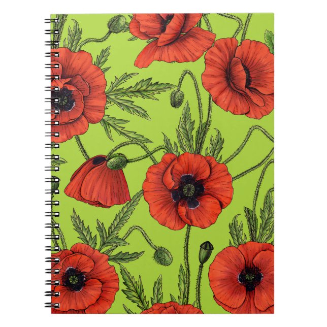 Caderno Espiral Poppies, vermelhos e verdes no verde limão (Frente)