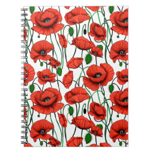 Caderno Espiral Poppies vermelhos num campo de branco