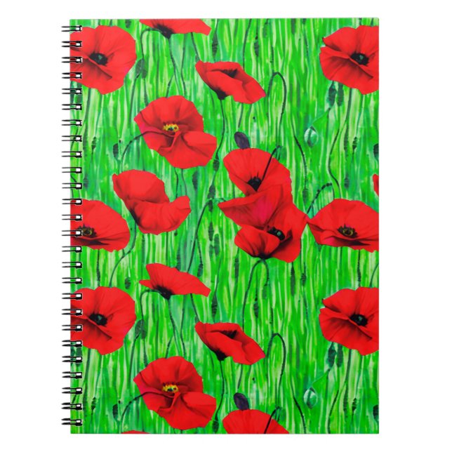 Caderno Espiral Poppies vermelhos num campo verde (Frente)