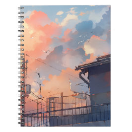 Caderno Espiral Pôr do Sol de Anime - Paisagem Urbana Estética - H