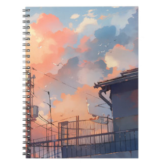 Caderno Espiral Pôr do Sol de Anime - Paisagem Urbana Estética - H