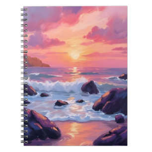 Caderno Espiral Pôr do sol de coral rosa Ondas do oceano aquarel