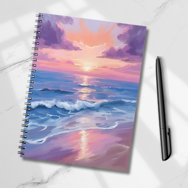 Caderno Espiral Pôr do sol lavanda praia oceano aquarela (Criador carregado)