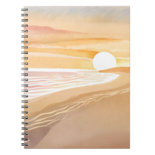 Caderno Espiral Pôr do Sol na Praia Aquarela   Belo Amarelo 