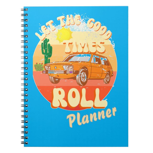 Caderno Espiral pôr do sol retrô e carro clássico (Frente)