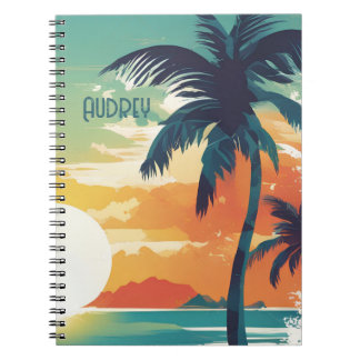 Caderno Espiral Pôr do sol tropical e estética de praia com palmei