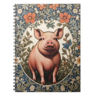 Caderno Espiral Porco Fofo Inspirado em William Morris