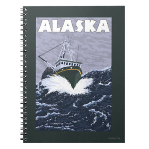 Caderno Espiral Poster das viagens vintage do barco de AlaskaCrab