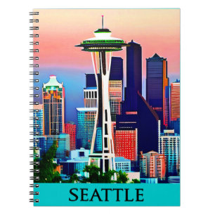 Caderno Espiral Poster de viagens de Seattle no céu amanhecer