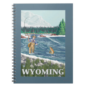 Caderno Espiral Poster de viagens Fly FishWyomingVintage