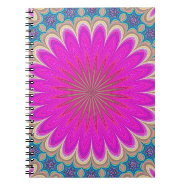 Caderno Espiral Potência Flor Psicodélica de Mandala Floral Retro (Frente)
