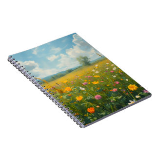 Caderno Espiral Prado Vibrante de Flores Silvestres em Estilo de P