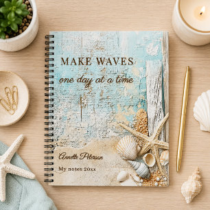 Caderno Espiral Praia areia azul estrela-do-mar concha motivaciona