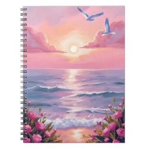 Caderno Espiral Praia Corada   Oceano Rosa Pôr do Sol Costeiro Aqu