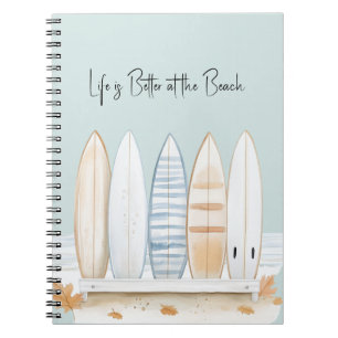 Caderno Espiral Pranchas de Surfe Folhas Branco Creme Azul Bege 