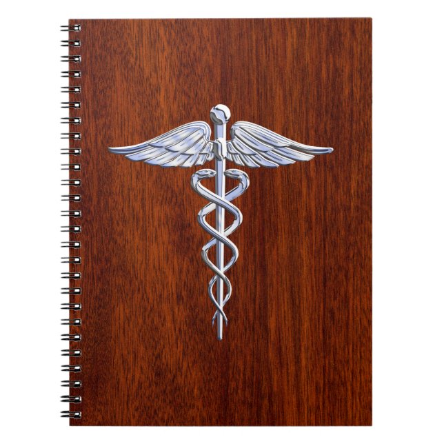 Caderno Espiral Prata como o impressão de mogno do símbolo médico (Frente)