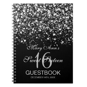 Caderno Espiral Prata Glam da meia-noite do Guestbook do partido