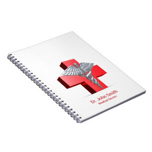 Caderno Espiral Prata Médica Cruz Caduceu 3D Vermelho