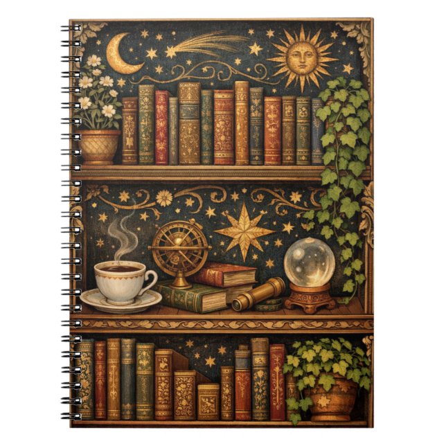 Caderno Espiral Prateleira de livros celestial retrô amante do caf (Frente)