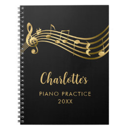 Caderno Espiral Prática de Piano Notas Musicais Douradas Professor