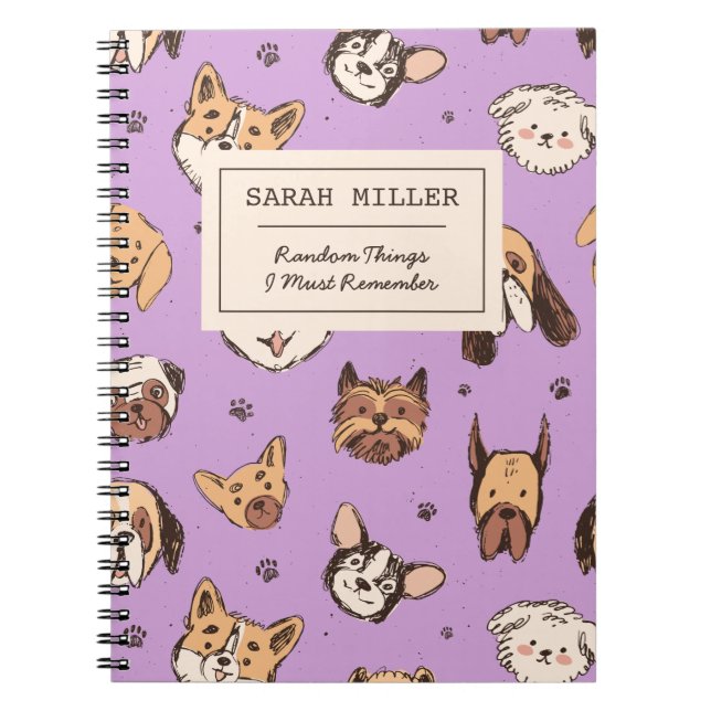 Caderno Espiral Prato de Cão Personalizado Padrões de Desenho Cão  (Frente)