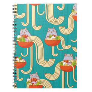 Caderno Espiral Pratos de macarrão e gatos engraçados. Macarrão co