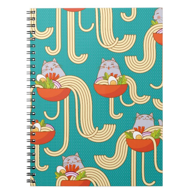 Caderno Espiral Pratos de macarrão e gatos engraçados. Macarrão co (Frente)