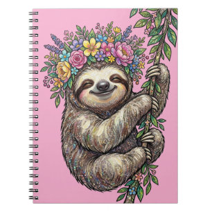 Caderno Espiral Preguiça Floral Fofa Elegante com Coroa de Flores 