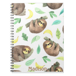 Caderno Espiral Preguiça Fofa no Nome de Animal de Bananas no Galh