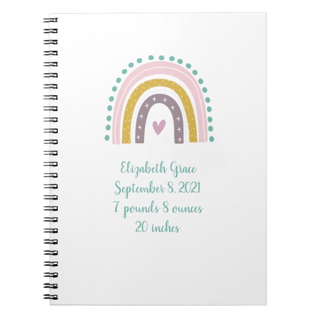 Caderno Espiral Presente de Bebê Boho Arco-Íris Rosa Turquesa Dour (Frente)