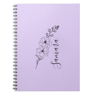 Caderno Espiral Presente de Flor de Nascimento Delfinium de julho 