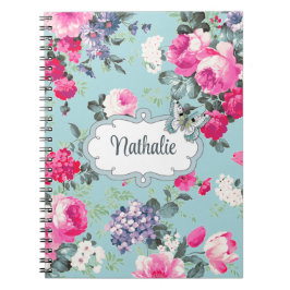 Caderno Espiral Presente de Nome Personalizado de Rosas e Borbolet