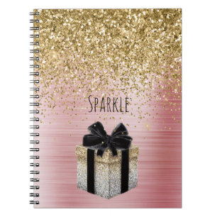 Caderno Espiral Presente Glitter Dourado Arco Preto Dourado