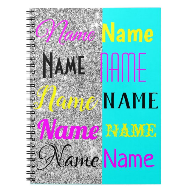 Caderno Espiral Presente personalizado CMYK Cyan e prata brilhando (Frente)