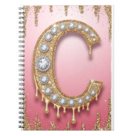 Caderno Espiral Presente Rosa Letra Diamante Monograma Dourado C P
