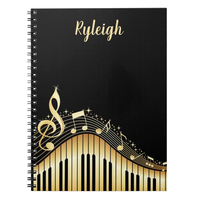 Caderno Espiral Preto Clássico e Personalizado Musical Dourado (Frente)