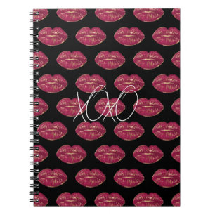 Caderno Espiral Preto com Lábios Vermelhos XOXO