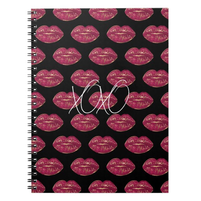 Caderno Espiral Preto com Lábios Vermelhos XOXO (Frente)