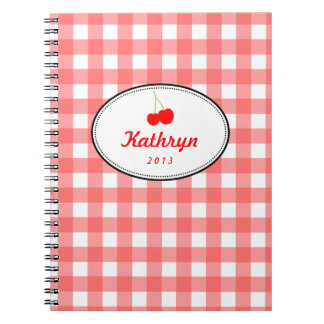 Caderno Espiral Preto de cereja doce padrão de gingham vermelho