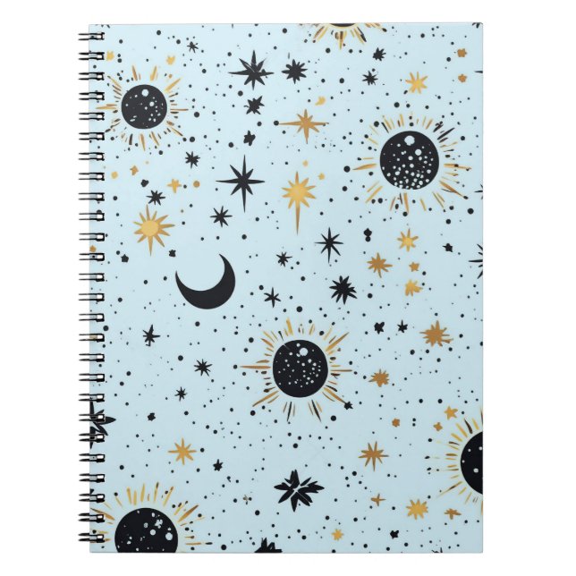 Caderno Espiral Preto, Dourado e Azul Sol Lua Estrelas Celestiais (Frente)