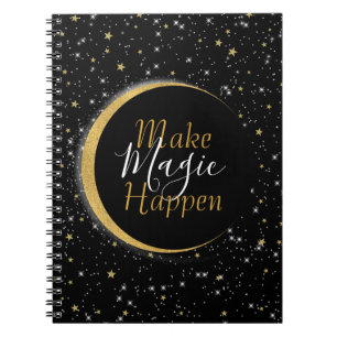 Caderno Espiral Preto & Dourado Estrelas Lua Celestial Mágica Luna