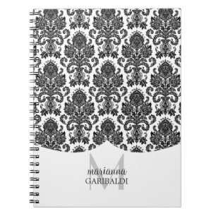 Caderno Espiral Preto e branco moderno do damasco personalizado