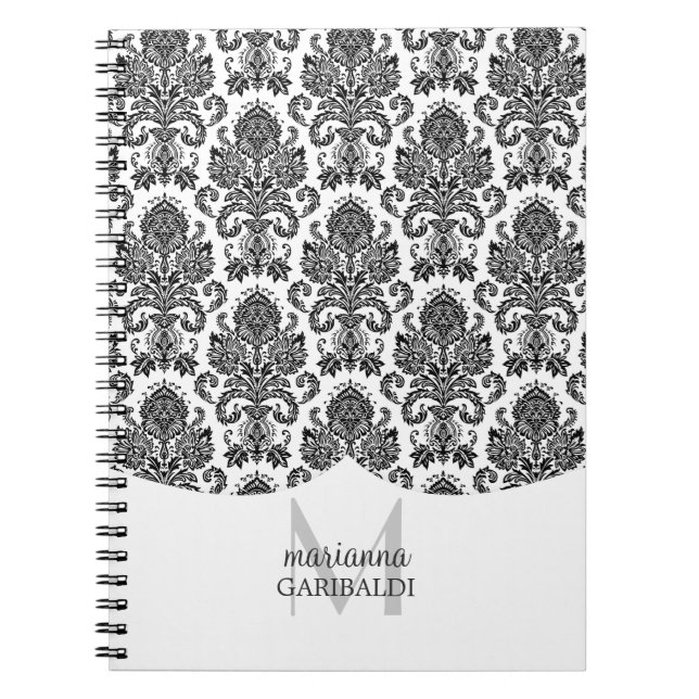 Caderno Espiral Preto e branco moderno do damasco personalizado (Frente)