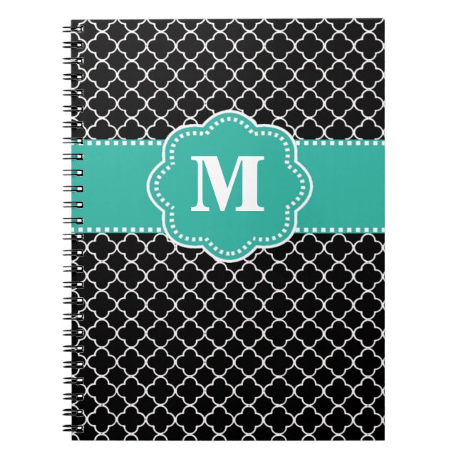 Caderno Espiral Preto e cerceta Quatrefoil Monoagram (Frente)
