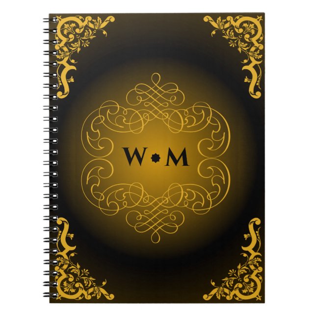 Caderno Espiral Preto e Dourado com elementos decorativos (Frente)
