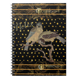 Caderno Espiral Preto e Dourado com Pássaro