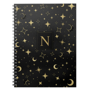Caderno Espiral Preto e Dourado Moderno Celestial Lua Estrelas Cas