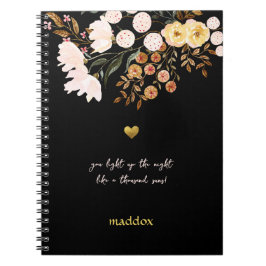Caderno Espiral Preto e Floral Personalizados