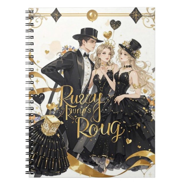 Caderno Espiral Preto e ouro, luxo rico, estilo Moulin Rouge (Frente)